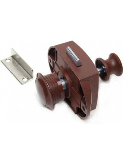 Zamek meblowy wciskany z przyciskiem, rozetka i blaszką brązowy