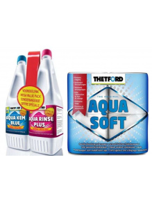 Zestaw płynów Aqua Kem Blue 1.5l + Aqua Rinse Plus 1.5L + Papier Toaletowy Aqua Soft 4 Thetford