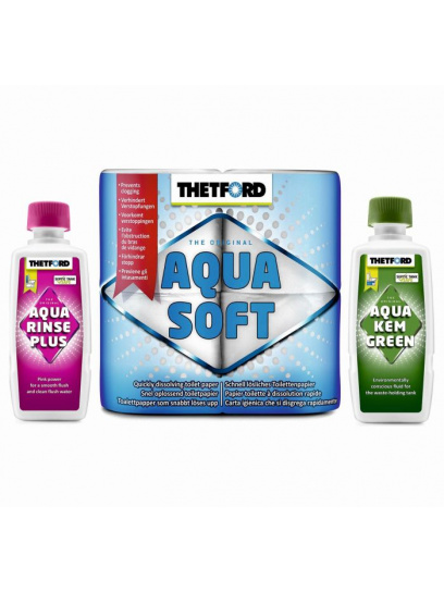 Zestaw płynów Aqua Kem Green 0.375L + Aqua Rinse Plus 0.4L + Papier Toaletowy Aqua Soft 4 Thetford