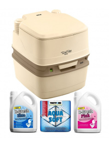 Toaleta turystyczna przenośna ze wskaźnikiem 165 Luxe + Zestaw płynów B-Fresh Blue 2 l + B-Fresh Pink 2 l + Papier toaletowy Aqua Soft - Thetford