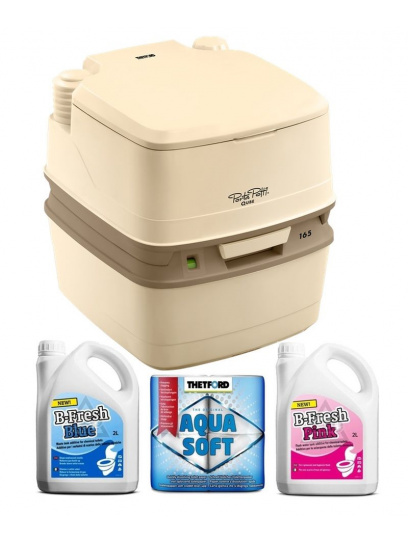 Toaleta turystyczna przenośna ze wskaźnikiem 165 Luxe + Zestaw płynów B-Fresh Blue 2 l + B-Fresh Pink 2 l + Papier toaletowy Aqua Soft - Thetford